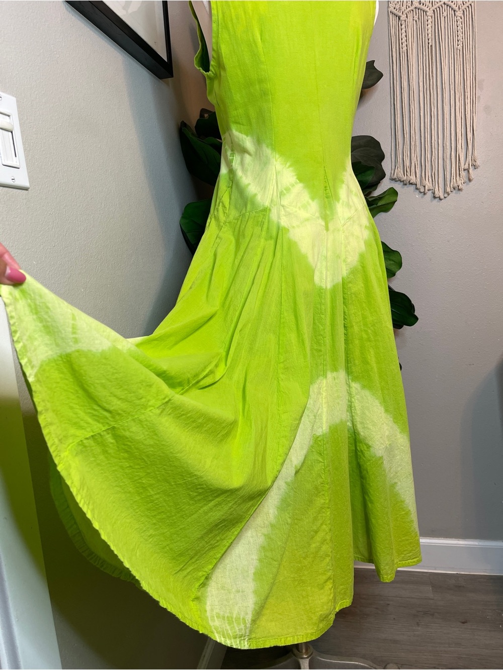 Artsy Boho Lagenlook French Bustle 100% Cotton Midi Dress Lime Green Tie Dye - Picture 9 of 15